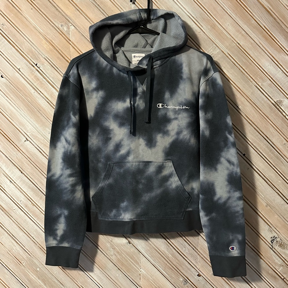 Champion Women's Black & Gray Tie-Dye Hoodie Sweater Strings Washed